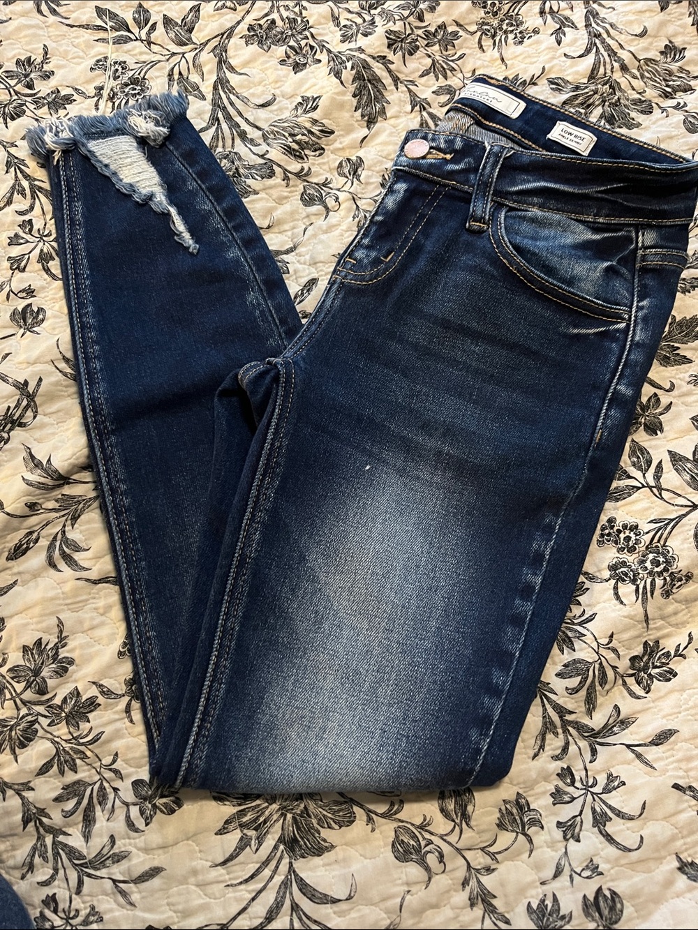 KanCan Dark Blue Distressed Skinny Jeans with Ankle Fray